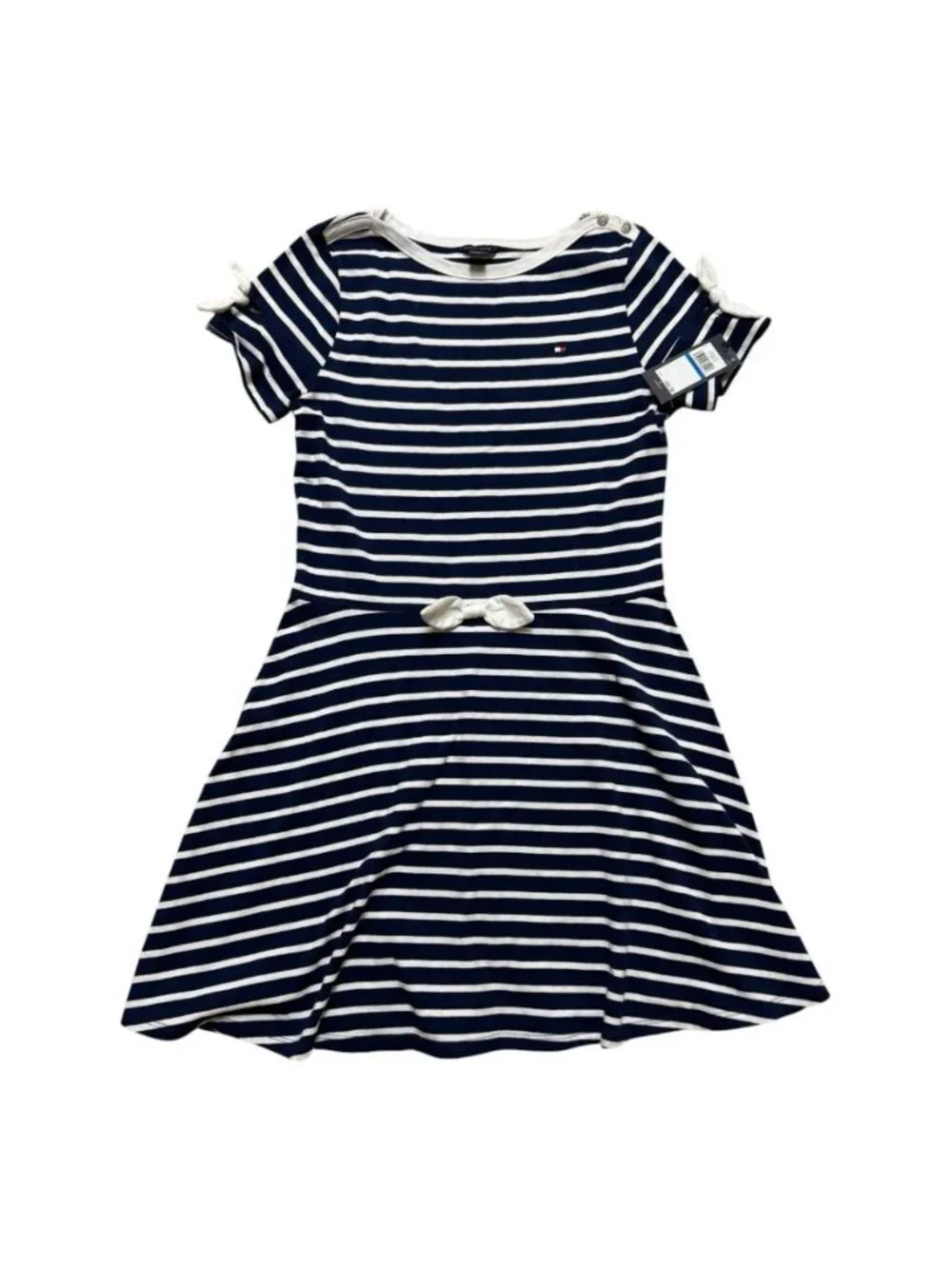 Tommy Hilfiger Girls Striped Dress XL 16 Navy White Bow NWT Short Sleeve